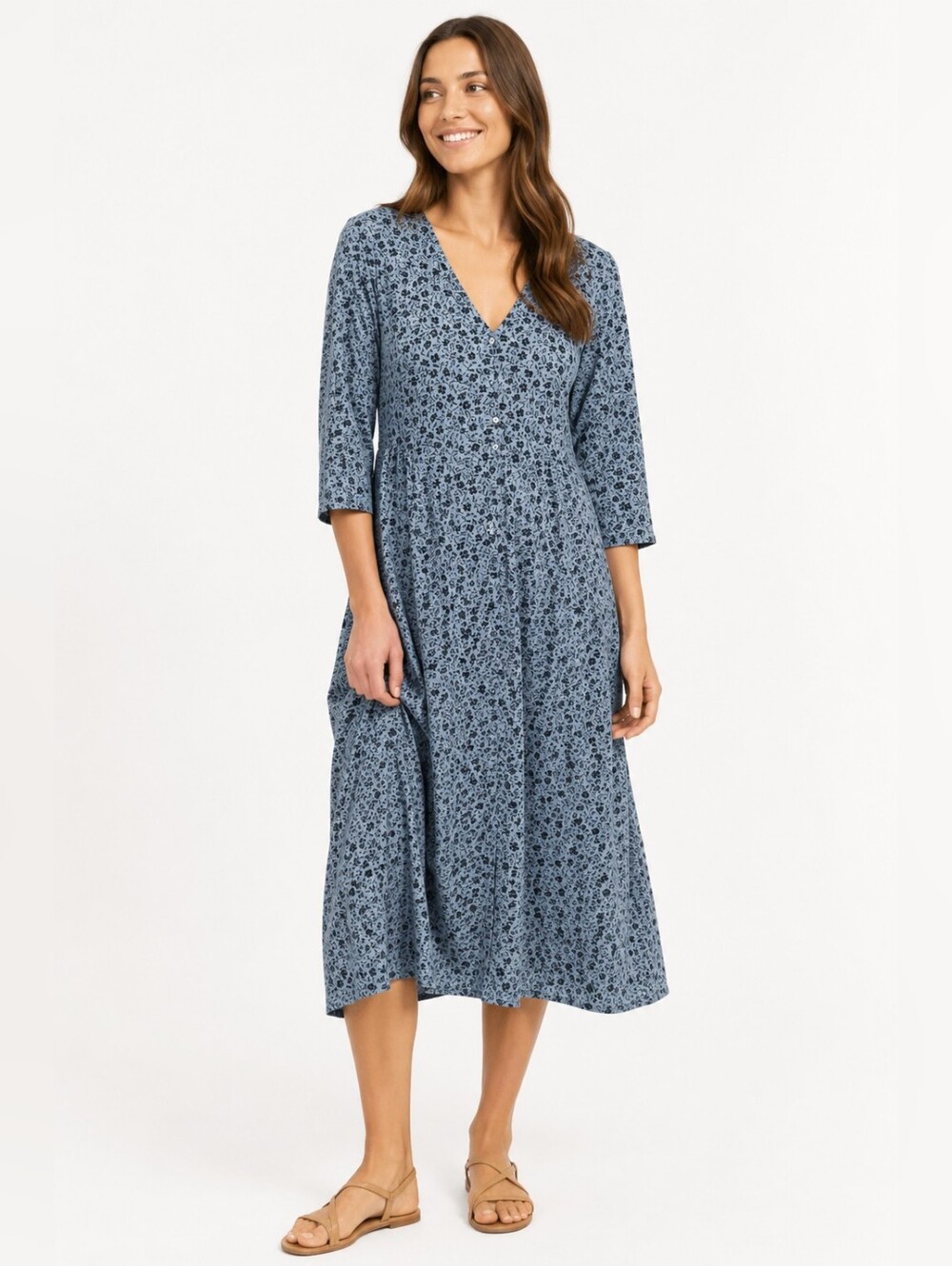 Seasalt Cornwall Ava Dress Organic Cotton Button V-neck Blue Floral Cottage 12